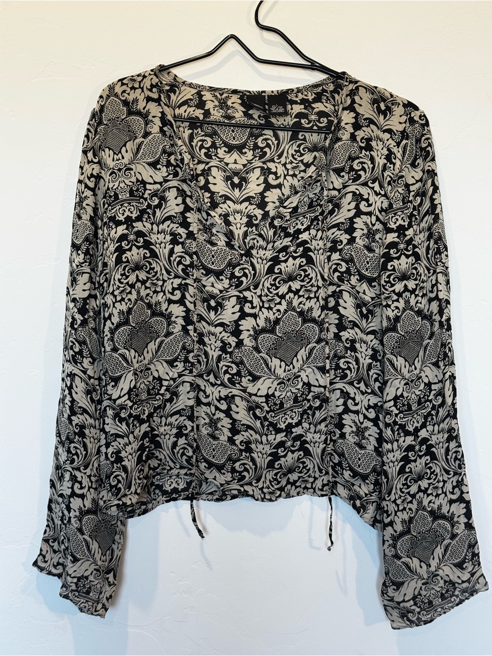 Vintage Mossimo Black & Cream Silk Damask Blouse w Front Tie- Boho Dark Academia